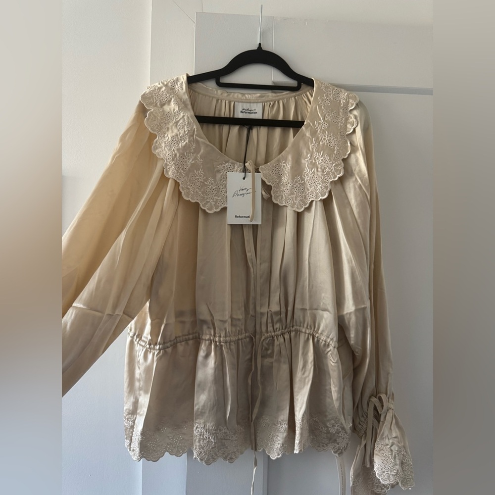 Reformation Cream Embroidered Blouse